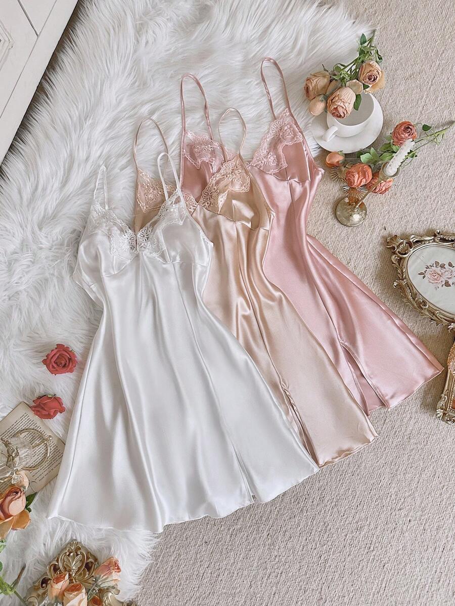 SHEIN 3件套女士刺绣蕾丝性感睡衣套装 - 彩色 - 查看 1