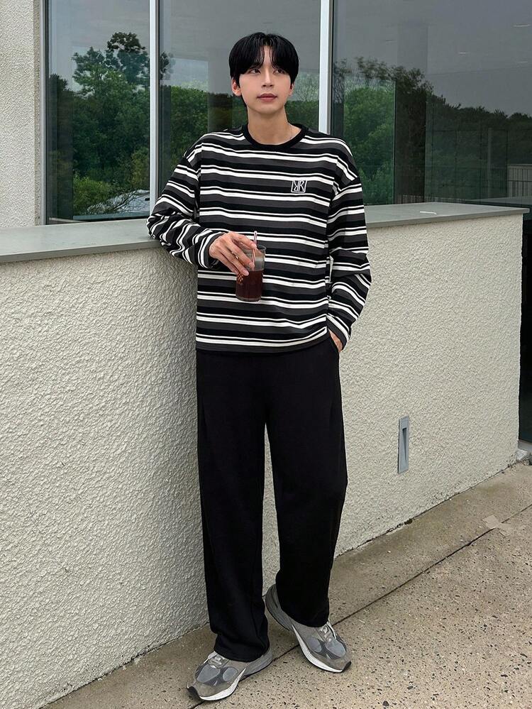 DAZY 男士条纹字母刺绣上衣和T恤套装，秋季 - 彩色 - 查看 5