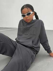 Girls Teen Casual Solid Color Sweatshirt With Embroidered English Word Set - Dark Grey - View 9