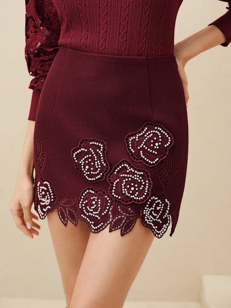 Falda bordada elegante con cuentas para mujer, otoño