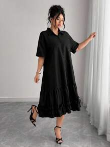 Elenzga Plus Size Casual Vacation Dress With Ruffle Collar Plus Size Ruffle Dress Plus Size Dress Ruffle Dress Plus Size Plus Size Black Dress Plus Size Elegant Black Dress - Black - View 6
