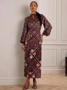 Lilora Women's Elegant Dark Brown Printed Patchwork Lantern Sleeve Maxi Dress,Autumn Commuter Long Sleeve Fall Dresses For Dining - Multicolor - View 4