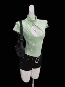 SHEIN ICON 女士绿色水钻装饰前后镂空高领紧身衣 - 黑色 - 查看 12