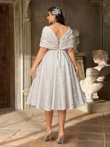 Aureia Plus Size Autumn And Winter Elegant Gorgeous White Luxury Off-Shoulder Gathered Chest Shape A-Line Hem Medium Long Suitable For Dinner Party Bachelorette Party Vacation Date Music Festival Dance Holiday Wedding Event Birthday Bridal Gift Dress - White - View 3