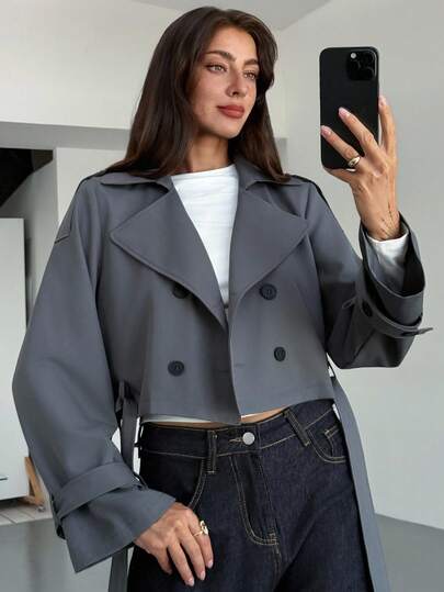 Aloruh 女士纯色翻领长袖双排扣休闲通勤短款风衣秋冬