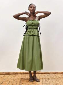 Maija 女士拼色褶皱吊带连衣裙，适合夏季 - 綠色 - 查看 2