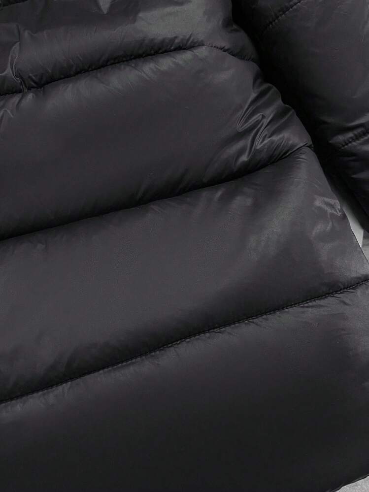 SHEIN Flickjacka med elastiska muddar och huva, vadderad kappa med pälskrage, lämplig för semester, utflykter och skolstart. - Svart - Visa 7