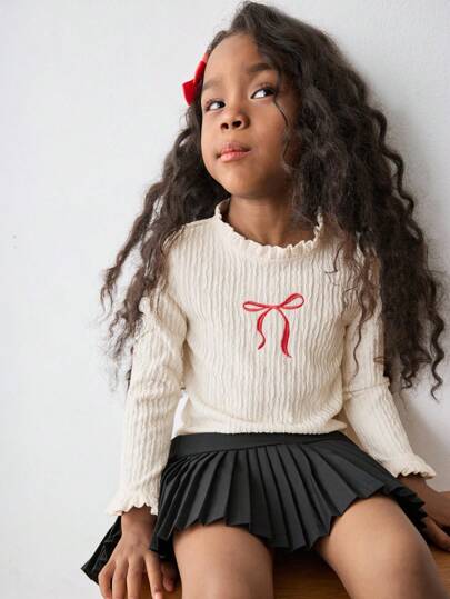 Maija Kids Maija Kids 年轻女孩秋冬基础百搭时尚质感面料红色蝴蝶结刺绣装饰荷叶边领口简约杏色户外家居休闲圣诞元素内搭T恤秋季