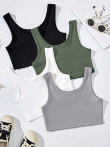 4 pièces/set Débardeur court col en U de couleur unie pour filles