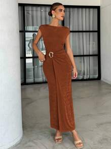 Lavishia Summer Apricot Shiny Chiffon Round Neck Short Sleeve Fashionable Metal Decor Slim Fit Dress For Women - Mocha Brown - View 5
