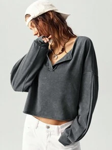 Bohemela 女士休闲纯色V领长袖宽松套头卫衣，秋冬季款