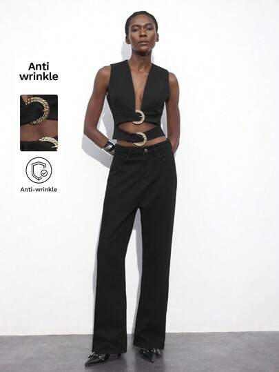 Maija Women's Autumn/Winter Black Double-Buckle V-Neck Hollow Structure Elegant Crop Top