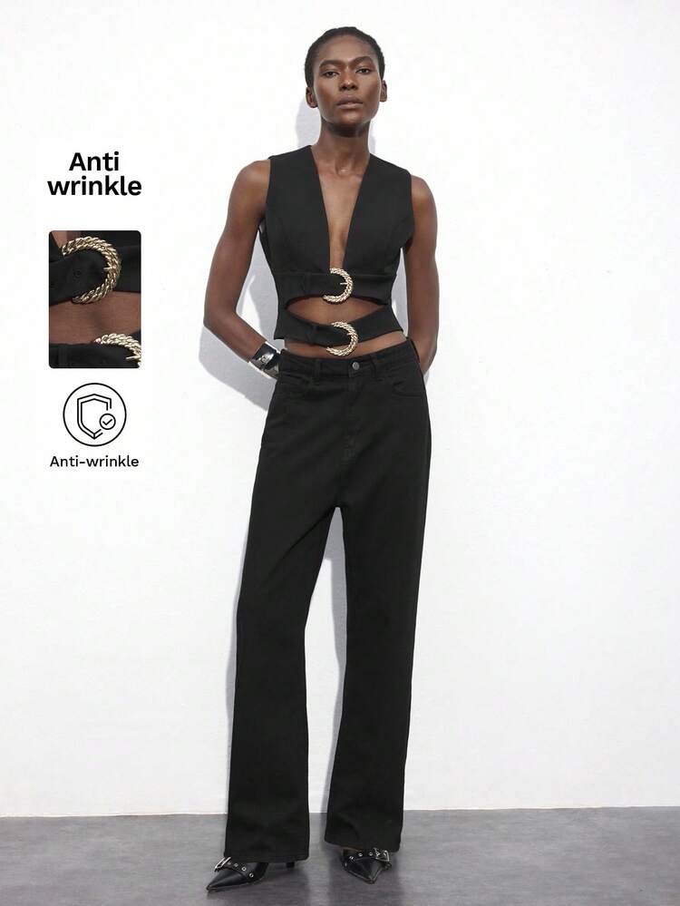 SHEIN Maija Women's Autumn/Winter Black Double-Buckle V-Neck Hollow Structure Elegant Crop Top