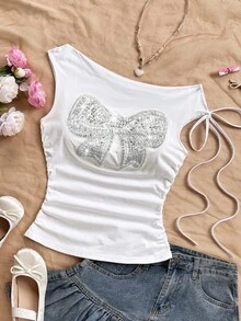 Soleia Women's Sequin Bowknot Ruched Shoulder Fashionable Blouse  Party , White Tank Top, Sequin Bow Top, Casual Tops Women Summer Sequin Party  Casual Blouses For Women White Top Casual Blouses For Women Holiday Vacation - White - View 5