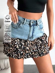 EURMUSE Woman Denim Mini Skirt Leopard Detailed - Medium Wash - View 1