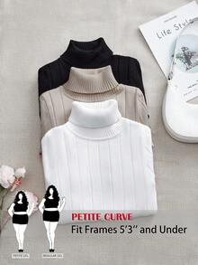 SHEIN PETITE CURVE 大码三件套百搭经典套头衫保暖休闲女士毛衣套装，秋冬 - 彩色 - 查看 1