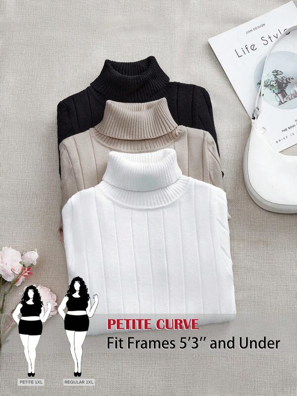 SHEIN PETITE CURVE Plus Size 3 Pieces All-Match Classic Pullover Warm Casual Women Sweater Set, Autumn/Winter Turtleneck Women Turtleneck Sweaters For Women Petite Turtleneck Petite Tops For Women Petite Clothes