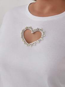 EURMUSE Plus Cottnline Rhinestone Heart Cutout T-Shirt - White - View 3