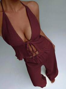 FavEase Women Summer Pleated Halter Cami Top And Wide Leg Pants 2-Piece Set - Burgundy - View 7