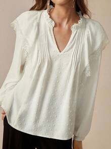 Florisole Ivory Jacquard Textured Floral Embroidery Short Sleeve Women Blouse - White - View 5