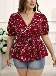 Reflora 大码花卉印花短袖衬衫，裹身款式，V 领，适合夏季 - 紅白色 - 查看 3