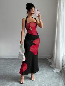 Elenzga 女式2025夏季露背系腰修身印花中长连衣裙 - 紅色和黑色 - 查看 4