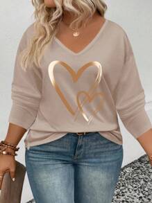 EMERY ROSE Women Plus Size V-Neck Best Selling Ombre Heart Graphic Print Long Sleeve T-Shirt, Casual Fall Cloth For Women