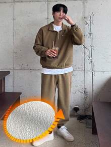 DAZY Men's Autumn Half-Zip Textured Fabric Pullover Sweatshirt & Pants Set - Khaki - View 3