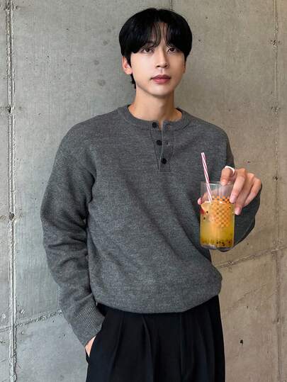 DAZY 男士半拉链圆领深灰色花卉针织毛衣，秋季