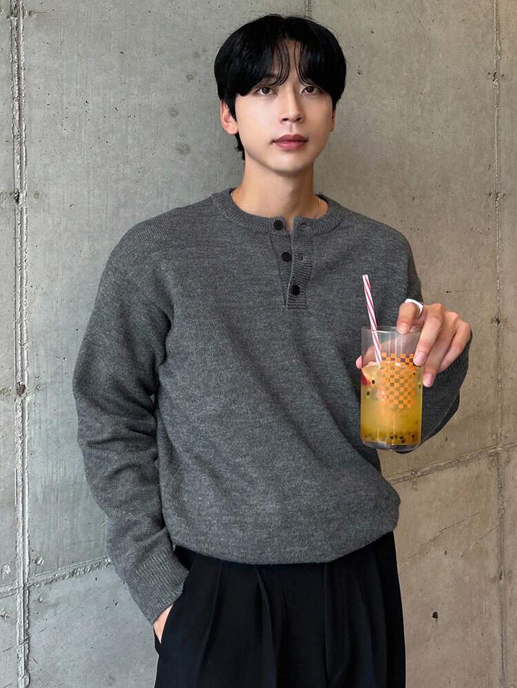 Men's Half-Zip Round Neck Dark Grey Floral Knit Sweater, Autumn