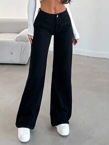 SHEIN Tall 100%Cotton LOW AIST BLACK STAIGHT CUT LONG HEM JEAN - Black - View 4