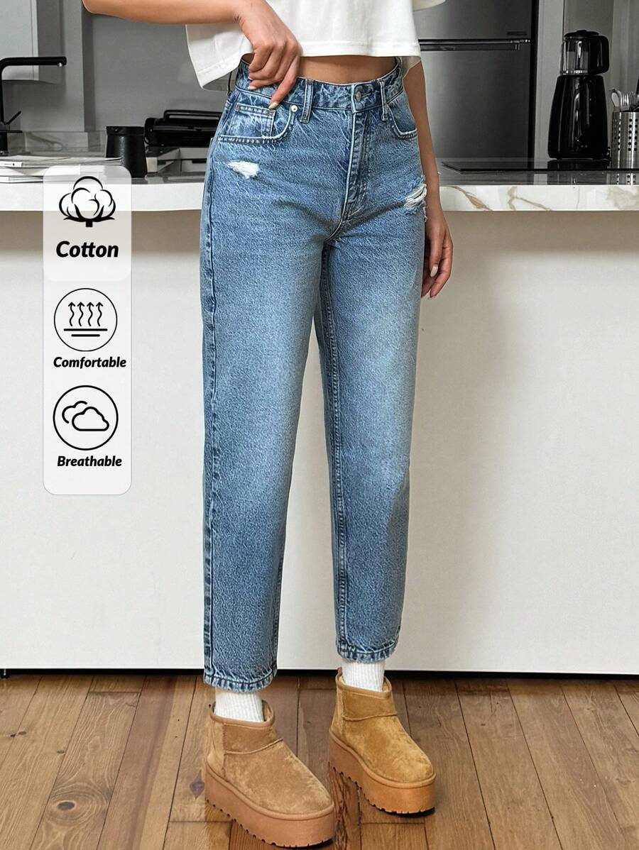 SHEIN Tall 100% Cotton HIGH RISE MOM CUT RIPPED WOMEN JEAN TALL Women Clothing Jeans Jeans Outfit For Women Jeans For Women Women S Street Wear Women Summer Clothing Women S Bottoms Woman S Summer Clothes Women Jeans Plus Size - Medium Wash - View 1