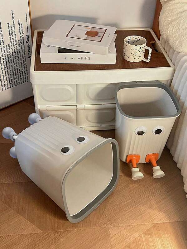 SHEIN 1 Piece Of Striped Big Eyes Trash Can With Four Legs Supporting Trash Can With Pressure Strips Square Cute Trash Can Suitable For Office Bedroom Living Room Kitchen