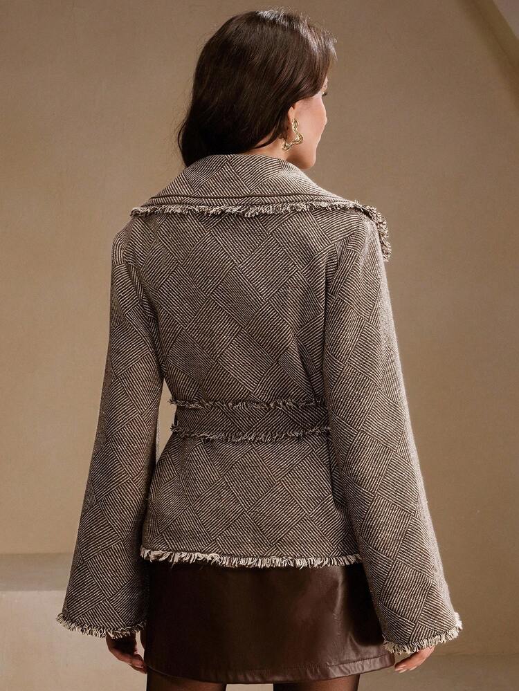 Chaqueta corta elegante y casual de mujer con cuello vuelto de doble tono a cuadros de manga larga, adecuada para otoño, invierno, uso diario, trabajo, fiesta, elegante