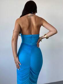 Firerie Women's Elegant Sexy Vacation Shoulder Pleated Slim-Fit Dress,Elegant Sexy Teal Ombre Metal Buckle Decor Hollow Out Bodycon Stretch Dress, Elegant For Dates, Dresses For Wedding Guest,Wedding Guest Dresses,Ombre Dress For Autumn/Winter, Party, Fall Women Clothes,Fall Wedding Guest Dress Maxi Boho Dress