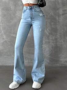 SHEIN Tall 98%纯棉拉链破洞喇叭裤牛仔裤 - 中等水洗藍 - 查看 5