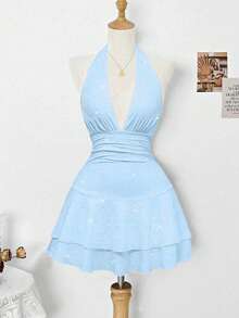 SHEIN Clasi Đầm cổ yếm đính sequin thanh lịch dành cho nữ, thích hợp cho kỳ nghỉ và tiệc tùng - Màu xanh nhạt - Xem 3