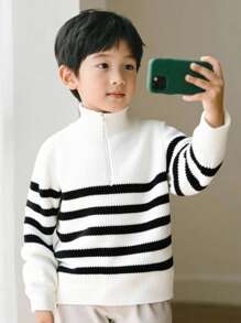 SHEIN 儿童/青少年男童休闲翻领半拉链长袖针织毛衣 - 白色 - 查看 3