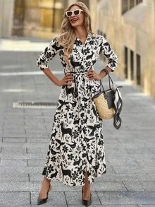 SHEIN Clasi 女式衬衫式超长连衣裙，黑色剪影印花，秋季休闲长袖连衣裙 - 黑與白 - 查看 5