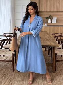 Weeklong 大码女式翻领落肩宽松休闲木扣连衣裙