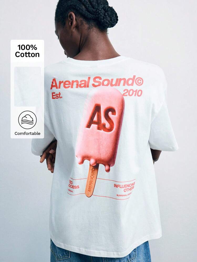 SHEIN X ArenalSound SHEIN Maija Damska luźna, uliczna koszulka w stylu street style z nadrukiem liter i lodów, luźna na ramionach, letnia, oversize'owa koszulka damska, oversize'owa koszulka z grafiką, bawełniana koszulka damska, letnia koszulka damska na festiwal rave