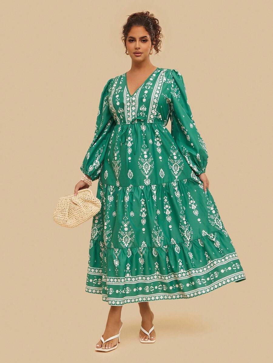 SHEIN VCAY Plus Size Bohemian Style Green Floral Print Dress, Deep V ...