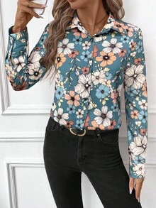 SHEIN Clasi Women's Floral Line Print Button Front Long Sleeve Shirt, Suitable For Commuting And Daily Wear, Autumn/Winter - Dusty Blue - View 4
