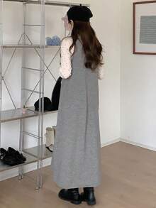 DAZY 女士纯色圆领无袖休闲宽松针织连衣裙毛衣裙夏季女装 - 灰色 - 查看 3