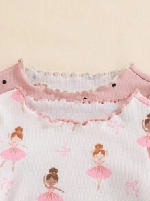 4 件套女婴可爱猫咪图案荷叶边圆领长袖柔软舒适睡衣套装 - 彩色 - 查看 6