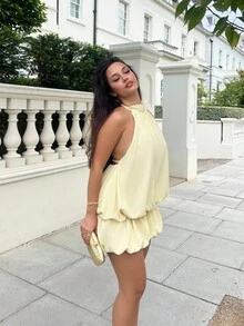 NegzBox Women's Vacation Solid Color Ruffle Hem Fashionable Halter Mini Dress,Summer Dresses For Women Dresses For Wedding Event - Yellow - View 5