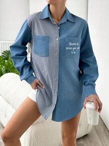 EURMUSE Oversize Jacket With Text Print On The Pocket, Hybridized With Denim-Look Fabric And Striped Fabric - Blue - View 5