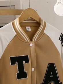1pc Teen Girl Jacket Baseball Coat, Elastic Striped Cuffs & Collar, Contrast Color Sleeves, Graphic Print Front, Casual Cool Outerwear For Autumn/Winter - Khaki - View 5