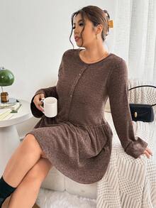 Lounesse Vestido de punto marrón de manga abierta para mujer talla grande, vestido de punto corto casual y versátil para uso diario - Marrón - Ver 3