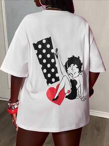 Slaydiva Betty Boop x SHEIN 大码秋冬新品，女装秋冬，万圣节，日常休闲及街头风，白色宽松圆领短袖卡通人物图案波点爱心印花常规T恤 - 白色 - 查看 1